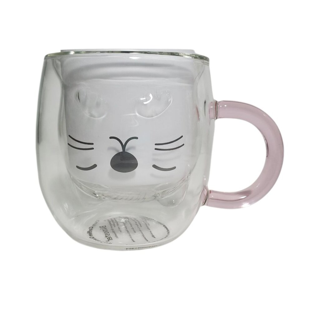 Cute Glass Coffee Mug Pink Handle Double Wall Design Cat Face Inner Pattern 8 oz